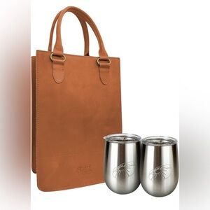 Leather Wine Bag for 2 Bottles, Includes 2 Stainless Tumblers and Dust Bag, Tan